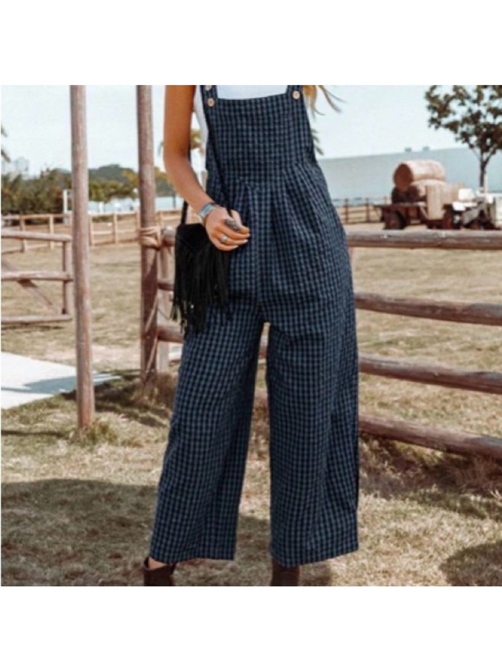 Plaid Wide-Leg Overalls - Navy Blue